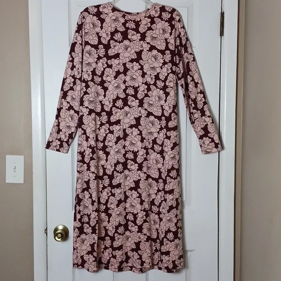 Lands' End 100% Cotton Burgundy and Pink Floral Midi Dress Long Sleeve Size L - Picture 2 of 6